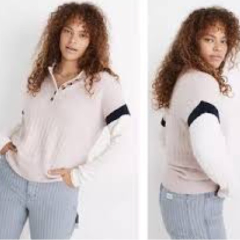 Madewell Merino Wool Blend Bowden Henley Coziest Yarn Crew Neck slouchy Sweater